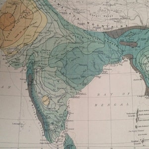 1908 インド (平均年間降水量) オリジナルアンティークマップ - 気象学 - 気象地図 - インド帝国 - 地図作成