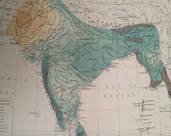 1908 India (Mean Annual Rainfall) Original Antique Map - Meteorology - Meteorological Map - Indian Empire - Cartography