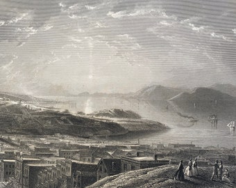 1895 San Francisco - Golden Gate from Telegraph Hill Original Antique Engraving - California - Mounted and Matted - Available Framed