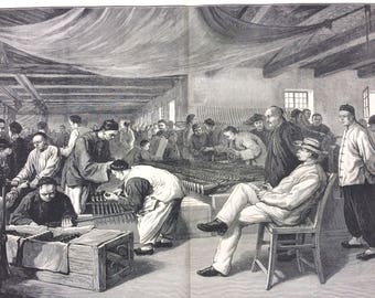 1883 Examining and Packing Chinese Manufactured Rifles at the Arsenal in Shanghai Original Antique Engraving, Victorian Decor