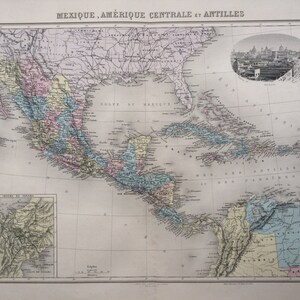 1892 Mexiko, Mittelamerika und Westindien Originale antike Karte, Nouvel Atlas Illustre, französische Atlaskarte, Geographie, Kartographie