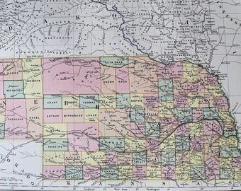 1875 Nebraska Original Antique Map - Available Matted and Framed - US State - Vintage Wall Decor