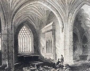 1840 Interior of Holy Cross Abbey Original Antique Engraving - Newry - Northern Ireland - Mounted and Matted - Available Framed
