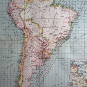1903 Südamerika: Industrie und Fernmeldetechnik Große Original Landkarte, antike Landkarte mit Nebenkarten von Callao, Lima, Brasilien