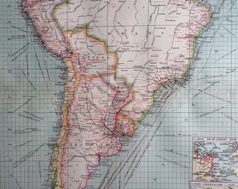 1903 South America: Industries and Communications Large Original Antique Map with inset maps of Rio de Janeiro, Callao, Lima & Valparaiso