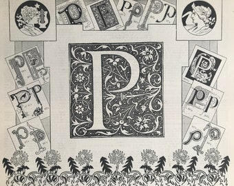 1897 Letter P - Decorative Alphabet Letter Original Antique Print - Birthday Gift - Mounted and Matted - Available Framed