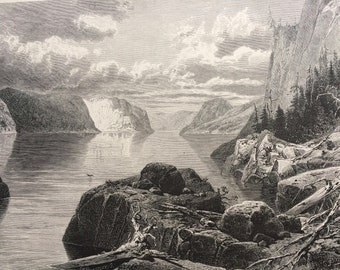 1874 Point Noir, Trinity Rock and Cape Eternity, Saguenay River, Quebec Original Antique Wood Engraving - Mounted and Matted - Canada