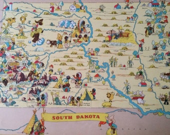 1935 South Dakota Original Vintage Cartoon Map - Ruth Taylor White - Mounted and Matted - Whimsical Map - United States