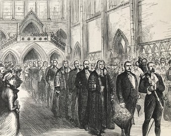 1883 The Commencement of Michaelmas Term at the New Law Courts Original Antique Print - Mounted and Matted - Available Framed