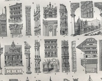 1897 Styles of Architecture Original Antique Print - Column - Pilar - Temple - Architect Gift - Mounted and Matted - Available Framed