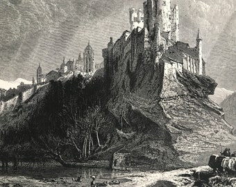 1876 River at Segovia and Alcazar Original Antique Wood Engraving - Mounted and Matted - Spain - Castle - Landscape - Available Framed
