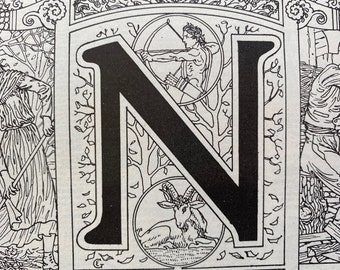 1923 Letter N Art Nouveau Original Antique Print - Mounted and Matted - Decorative Art - Wall Decor - Gift Idea - Name Day Present