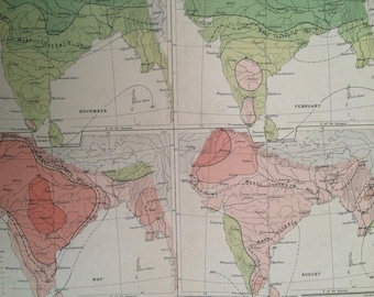 1908 India (Seasonal Temperature) Original Antique Map - Meteorology - Meteorological Map - Indian Empire - Cartography