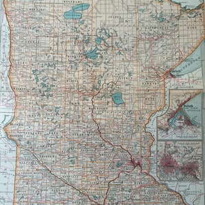 Grande carte ancienne originale du Minnesota de 1903 avec des cartes hors-texte de Duluth, Minneapolis et St Paul - 30 x 40 cm - carte de l'État des États-Unis