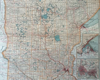 1903 Minnesota Original Large Antique Map with inset maps of Duluth, Minneapolis and St Paul - 11 x 16 Inches - US State Map