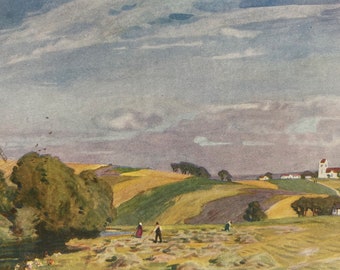1928 Denmark - A Typical Danish Landscape, South Jutland Original Antique Print - Mounted and Matted - Available Framed