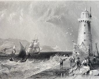 1840 South-Wall Lighthouse with Howth Hill - Dublin Original Antique Engraving - Ireland - Mounted and Matted - Available Framed