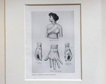 1920s Original Antique Matted Anatomical Print - Bandage Types - Breast, Thumb and Finger Bandages - Anatomy - Medicine - Doctor - Paramedic
