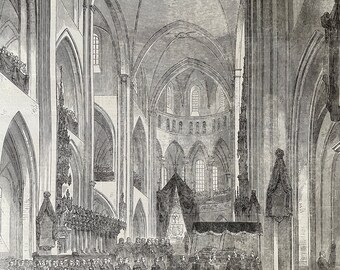 1864 King of Denmark Burial - Roeskilde Cathedral Original Antique Engraving - Available Framed