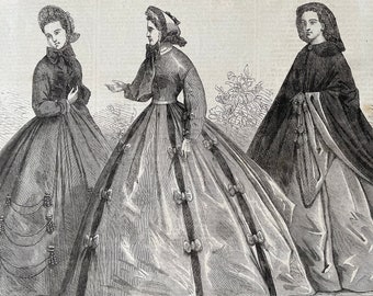1864 Paris Fashions for June Original Antique Engraving - Available Framed