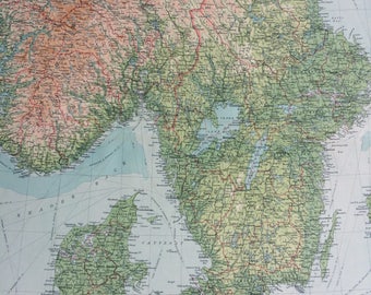 1922 Southern Scandinavia and Denmark Large Original Antique Times Atlas Physical Map - Sweden - Norway - wall map - Bathyorography