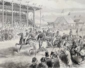 1864 The Races at Cairo - Canter in front of the Grand Stand before the start Original Antique Engraving - Available Framed