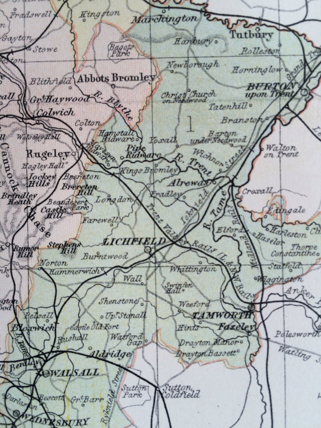 1882 STAFFORD original antique map, english county, cartography
