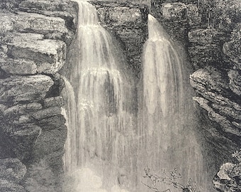 1876 Falls of the Doubs Original Antique Wood Engraving - Waterfall - France - Mounted and Matted - Available Framed