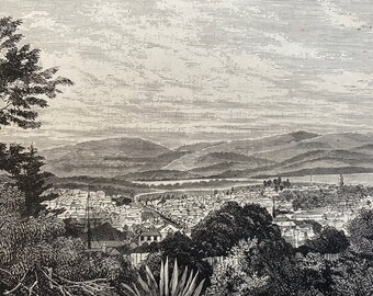 1880 View of Hobart Town, Tasmania Original Antique Print - Australia - Mounted and Matted - Available Framed