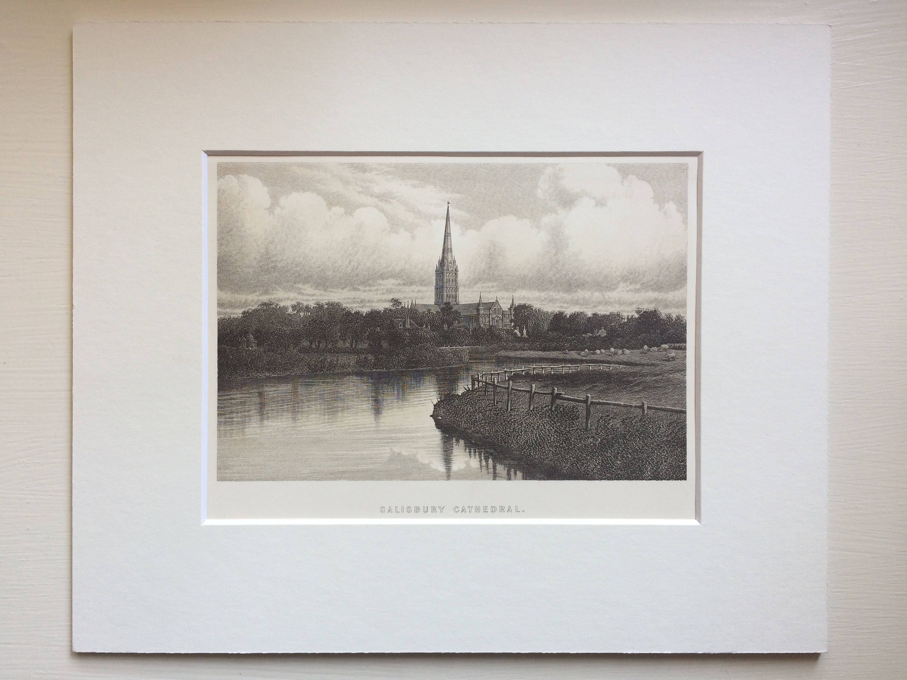 1895 Salisbury Cathedral, Wiltshire Original Antique steel engraving print Fine Detail