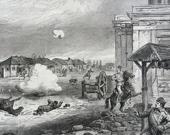 1877 Russo-Turkish War: Reni during the bombardment, antique print from engraving, Illustrated London News Cover, 19th Century History