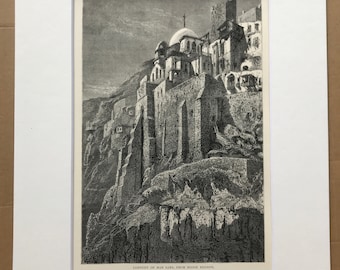 1880 Convent of Mar Saba, from Brook Kedron Original Antique Engraving - Mounted and Matted - Available Framed - Palestine - Israel