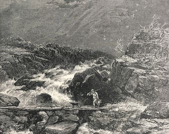 1876 The Stream from Llyn Idwal Original Antique Wood Engraving - Mounted and Matted - Snowdonia - Wales - Landscape - Available Framed