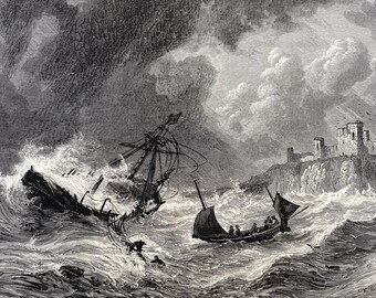 1876 Off Tantallon Original Antique Engraving - Mounted and Matted - Scotland - Tantallon Castle - Shipwreck - Available Framed