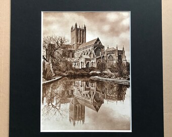 1940s Worcester Cathedral Sepia Photo Original Vintage Print - Mounted and Matted - Architecture - Religion - Available Framed