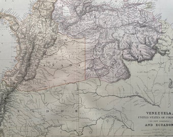 1882 Venezuela, United States of Colombia (or New Granada) and Ecuador Large Original Antique Map - Pastel Colour Map - South America