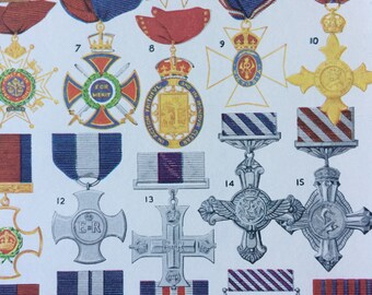 1940s British Orders and Decorations Original Vintage Print - Mounted and Matted - Army - Military Decor - Available Framed