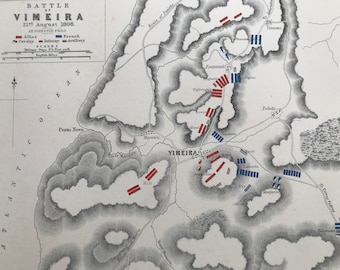 1875 Battle of Vimeira, 1808 Original Antique Map - Portugal - Battle Map - Military History - Available Framed