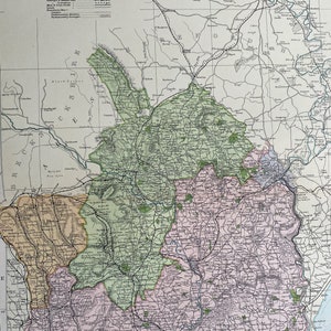 1902 Monmouthshire and the River Wye Original Antike Karte mit Eisenbahnen, Bahnhöfen, Kreuzungen, Kanälen - Große Wandkarte - Wales