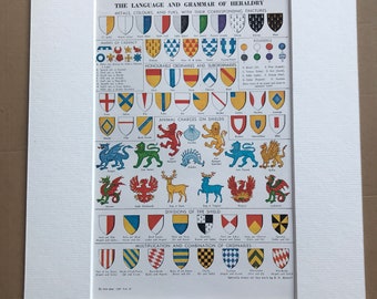 1940s The Language and Grammar of Heraldry Original Vintage Print - Mounted and Matted - Royalty - Nobility - Available Framed