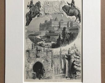 1876 The Royal Palace, Madrid Original Antique Wood Engraving - Mounted and Matted - Spain - Available Framed