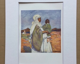 1904 Moorish Woman and Child - Morocco Original Antique Print - Moroccan Landscape - Morocco - Mounted and Matted - Available Framed