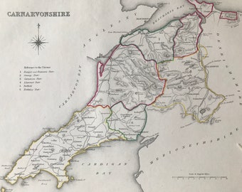 1845 Carnavonshire Original Antique Hand-Coloured Engraved Map - UK County Map - Available Framed - Wales