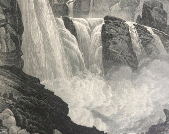 1876 The Ringedalsfos Original Antique Wood Engraving - Mounted and Matted - Norway - Waterfall - Decorative Art - Available Framed