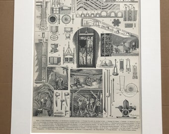 1897 Mining Original Antique Print - Mine - Equipment - Mining Diagram - Mounted and Matted - Available Framed