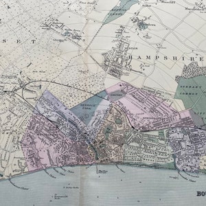 1902 Bournemouth Original Antike Landkarte - Große Wandkarte - Stadtplan - England
