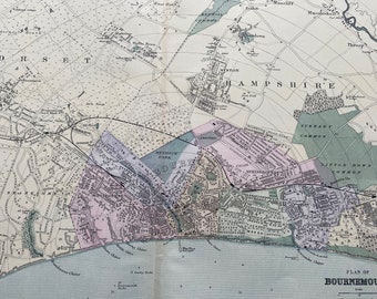 1902 Bournemouth Original Antique Map - Large Wall Map - City Plan - England