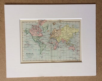 1895 World on Mercator's Projection Original Antique Map - Mounted and Matted - 10 x 8 inches - Framed Map - Gift Idea - Framed Vintage Art