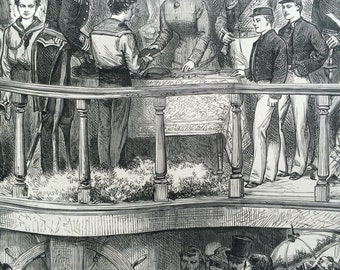 1877 Prize Presentation on the Training Ship Warspite antique print from engraving, Illustrated London News Cover, 19th Century History