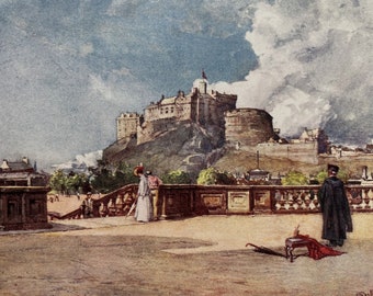 1911 Edinburgh Castle, from the Terrace of Heriot's Hospital Original Antique Print - Scotland - Mounted and Matted - Available Framed